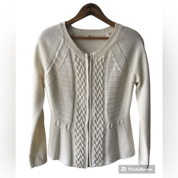 🩷Mystree | Women’s ivory long sleeve zip front cable knit cardigan sweater, sz S - Picture 1 of 14